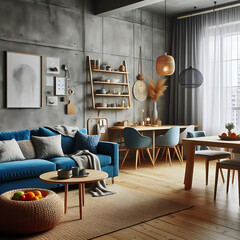 Fototapeta na wymiar Scandinavian home interior design of modern living room with sofa table and chairs. Generative ai