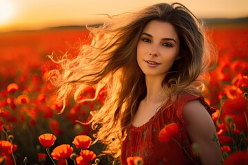 Naklejka premium Beautiful woman in rustic dress walking at poppy flowers field 