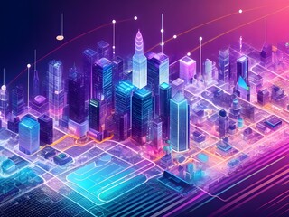3D futuristic city with skyscrapers and neon lights. Vector illustration