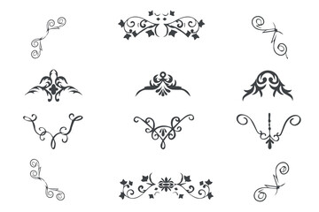 Ornate vintage handdrawn frames, labels, scrolls, logo, branches, leaves and floral motif. For greeting cards, wedding invitations, restaurant menu, royal certificates