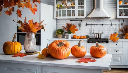 white modern kitchen decorated for fall with orange pumpkins and leaves generative ai