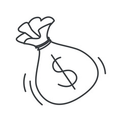 Business element of set in black line design. A black outline depiction of a money bag signify the financial aspects of the business world and wealth accumulation. Vector illustration.