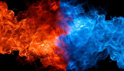 red and blue fire on black background on 2 sides collapse fire and ice concept design red and blue smoke fiery contradiction force background