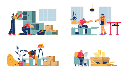 Professional furniture assembly, repairman service vector illustrations set, home furniture construction in cozy room