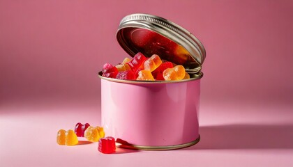 pink tin can full of gummy bears creative aesthetic layout candy pink background