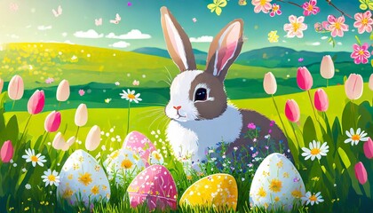 cute easter rabbit with decorated eggs and spring flowers on green spring landscape little bunny in the meadow happy easter greeting card banner border