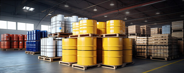 Barrel steel containers in factory warehouse.  Color barrels in industrial intariors.