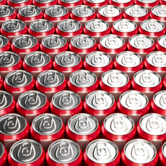 Vibrant Red Soda Cans Arrangement Viewed from Directly Above