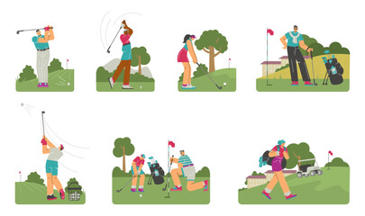 People playing golf on the lawn golf course, men and women hitting ball with club on natural landscape flat vector set