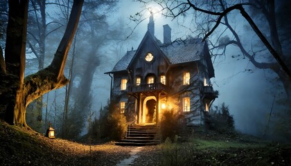horror halloween haunted house in creepy night forest