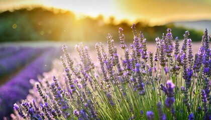 blooming lavender flowers at sunset in provence france macro image