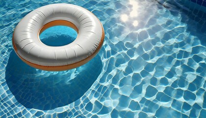 inflatable ring floating in swimming pool on sunny day top view with space for text