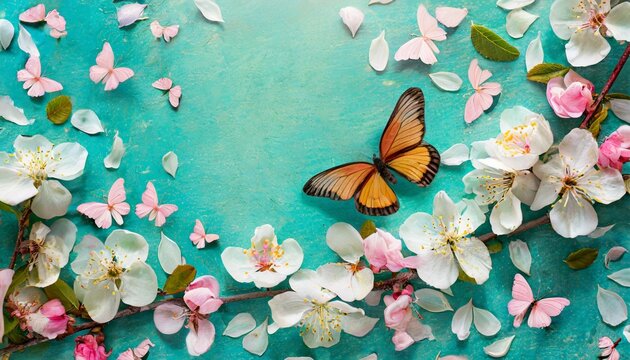 beautiful spring nature background with butterfly lovely blossom petal a on turquoise blue background top view frame springtime concept