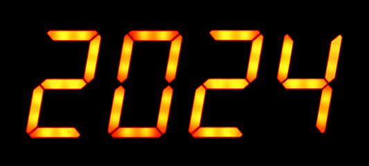 Digital display shows the date of the New Year 2024.
Fiery yellow figures isolated on the black background
