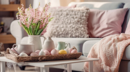 Close-up of a table with a spring flower bouquet in a vase, and a sofa with cozy blanket in the background