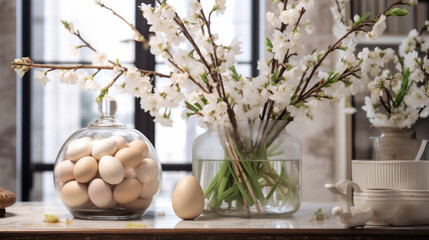 close up of spring flower arrangement and a vase filled with easter eggs on the table in the living room - obrazy, fototapety, plakaty