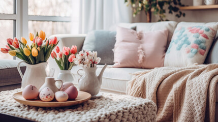 table with a wicker basket filled with easter eggs, a spring tulip flower bouquet, and a sofa with the knitted blanket in the background - obrazy, fototapety, plakaty