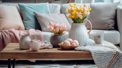 close-up of a table with a spring flower bouquet in a vase, easter eggs in the bowl and a sofa with cushions in the background