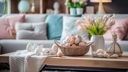 table with a wicker basket filled with easter eggs, a spring flower bouquet, and a sofa with pastel...