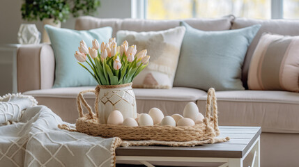table with a spring tulip bouquet and easter eggs and a sofa with pastel cushions in the background - obrazy, fototapety, plakaty