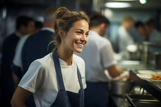 Side portrait of smiling female chef in restaurant kitchen