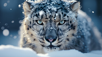 snow leopard portrait, Snow leopard portrait in snow close up, a picture of a snow leopard looking forward, A snow leopard hunting in the snow, snow leopard in its natural snowy mountain habitat

