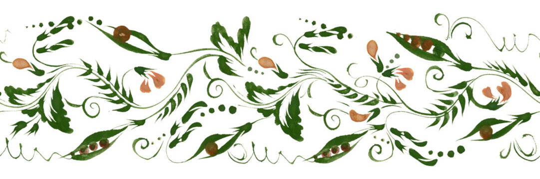 Floral seamless border pattern from hand drawn bird vetch twigs, flowers and pea pods isolated on a transparent background