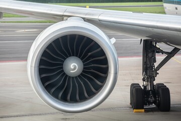 Closeup of a huge jet engine of a commercial jetliner