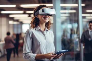 A woman uses virtual reality glasses in the office, a manager in the digital world communicates online