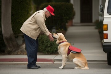 Dog greeting mailman on the street. Postman courier with animal pet friend meeting. Generate ai - obrazy, fototapety, plakaty