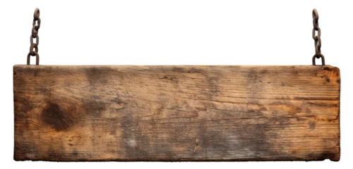 Weathered wooden sign hanging on a chain, cut out