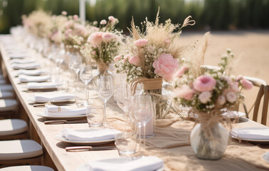 Fototapeta na wymiar Wedding Rustic table setting with pink flowers