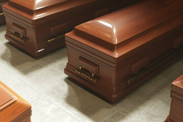 Funeral Home Interior with Row of Mahogany Wooden Coffins on Tiled Floor
