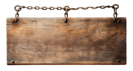 Weathered wooden sign hanging on a chain, cut out