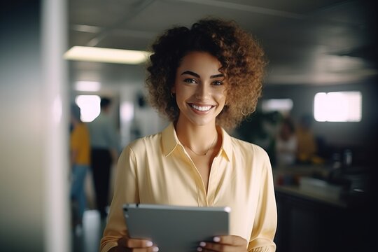 Portrait of a cute positive curly haired woman manager using a tablet gadget in a modern office