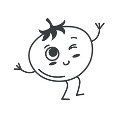 Kitchen element of black line set. It is a charming black outline illustration with a kitchen theme, starring an adorable tomato character. Vector illustration.