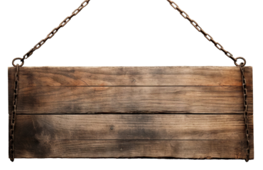 Weathered wooden sign hanging on a chain, cut out