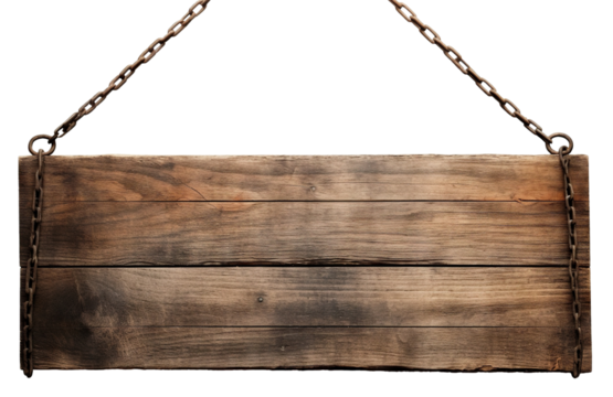 Weathered wooden sign hanging on a chain, cut out