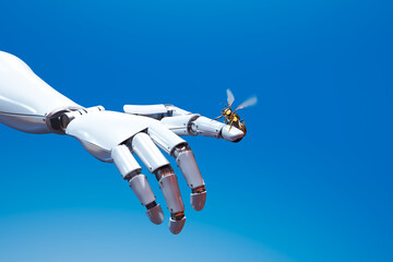 Naklejka na ściany i meble Futuristic Robotic Hand Delicately Holding an Intricate Mechanical Dragonfly