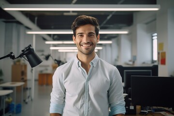 Naklejka premium A man in the office uses a tablet computer, the manager of the assistant sales department in the company smiles.