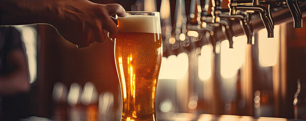 finest beer poured in pint glass. Cold glass of beer with foam in a blurred bar in background.