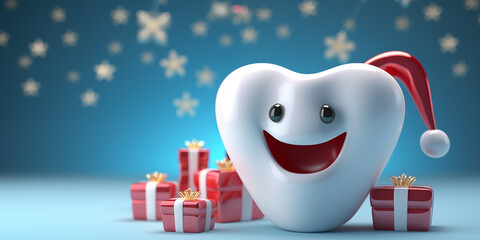 Christmas dental banner with happy tooth and place for text over pastel blue background . Generative AI.
