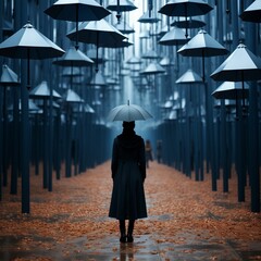 AI generated illustration of a person walking down a street with umbrellas suspended in the air