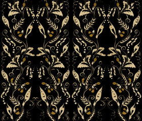 Floral watercolor damask seamless pattern from hand drawn golden vetch twigs, flowers and gold pea pods on a black background