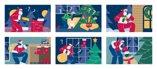 Obraz na płótnie Canvas Set of scenes with secret Santas flat style, vector illustration