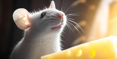 AI generated illustration of an adorable rat with one ear poking out of its head in front of cheese