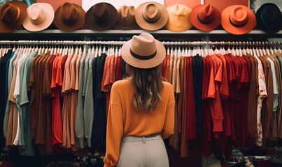 AI generated illustration of a female standing in front of a display of various hats - obrazy, fototapety, plakaty