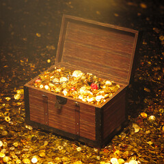 Resplendent Treasure Chest Filled with Glistening Gold Coins and Jewels © Dabarti