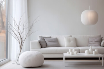 Fototapeta na wymiar Scandinavian home interior design of modern living room with sofa table and chairs. Generative ai