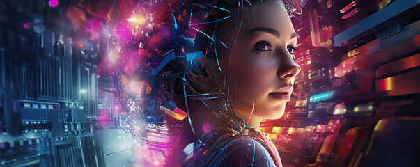 Artificial Intelligence. Woman using technology. Girl enter command prompt for generates dreams, Futuristic concept.